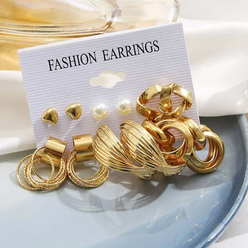 6 Pairs Geometric Metallic Design Earrings Set